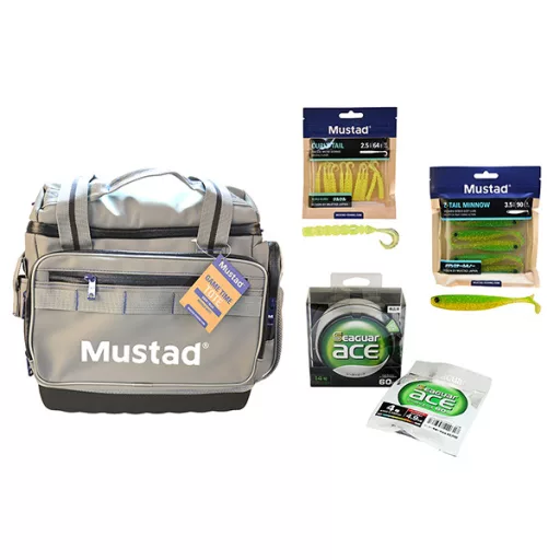 Mustad Game Time pergetőtáska szett csalikkal és fluorocarbonnal