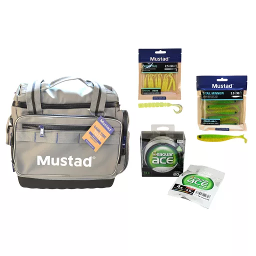 Mustad Game Time pergetőtáska szett csalikkal és fluorocarbonnal