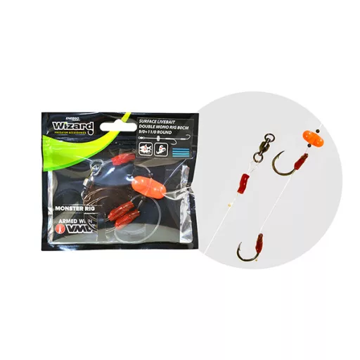 Wizard Monster Surface Livebait dupla Mono 9/0+11/0 Round ragadozóhalas szerelék