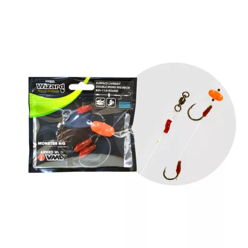 Wizard Monster Surface Livebait dupla Mono 9/0+11/0 Round ragadozóhalas szerelék