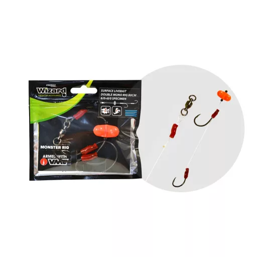 Wizard Monster Surface Livebait dupla Mono 9/0+11/0 Round ragadozóhalas szerelék