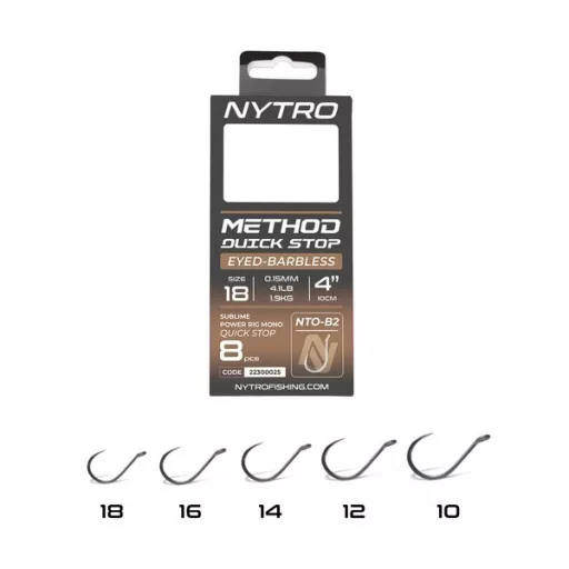 Nytro NTO-B2 Method 10-es 0,23 mm 10 cm gyorsstopperes szakáll nélküli előkötött horog 8 db/csomag