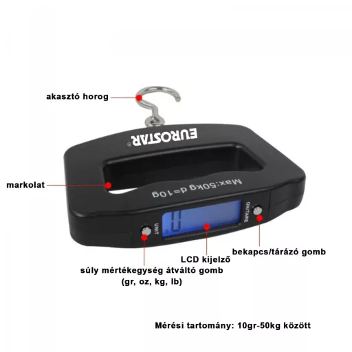 Eurostar Elektromos Mérleg 10 g 2*AAA 50 kg horgászmérleg