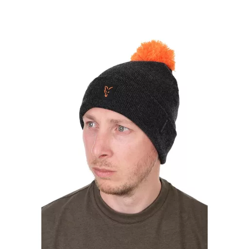 Fox Collection Bobble fekete-narancssárga bojtos téli sapka UNI