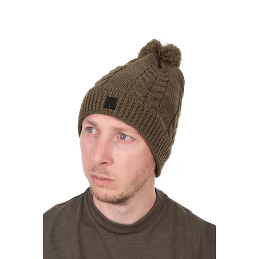 Fox Knitted Bobble khaki bojtos téli sapka UNI
