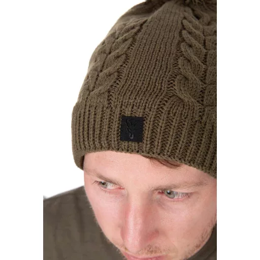 Fox Knitted Bobble khaki bojtos téli sapka UNI