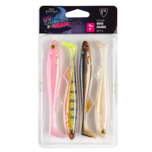 Fox Rage Slick Shad vegyes színű vegyes UV: Pink Candy, Perch, Dark Oil, Pearl 11 cm 4 db/csomag gumihal
