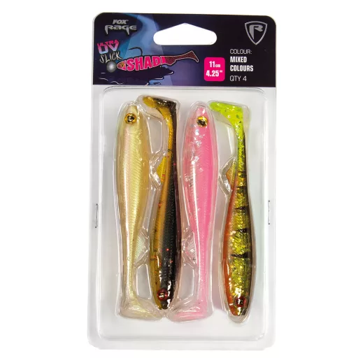 Fox Rage Slick Shad vegyes színű vegyes UV: Pink Candy, Perch, Dark Oil, Pearl 13 cm 4 db/csomag gumihal