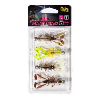   Fox Rage Micro Critter Mixed Colour Loaded Lure Pack vegyes UV: Green Pumpkin, Lemon Tiger, Hot Olive, Natural 5 cm 3 g-os jigfejjel 4 db/csomag lágy műcsali
