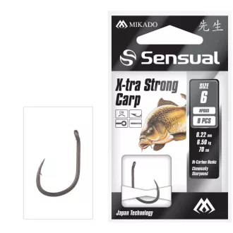   Mikado Sensual Xtra Strong Carp 6-os 0,22 mm 70 cm szakállas előkötött horog 8 db/csomag