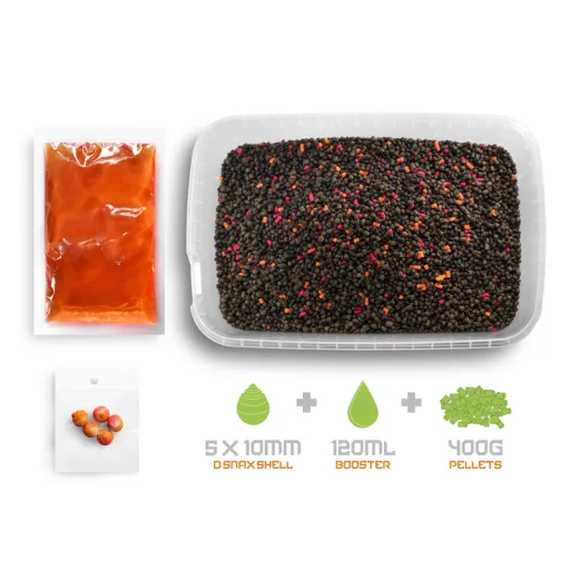 Delphin Pellet Box Reaxe Ready&go Mangó–őszibarack + Booster+ Waft 10 mm 400 g + 120 ml etetőpellet