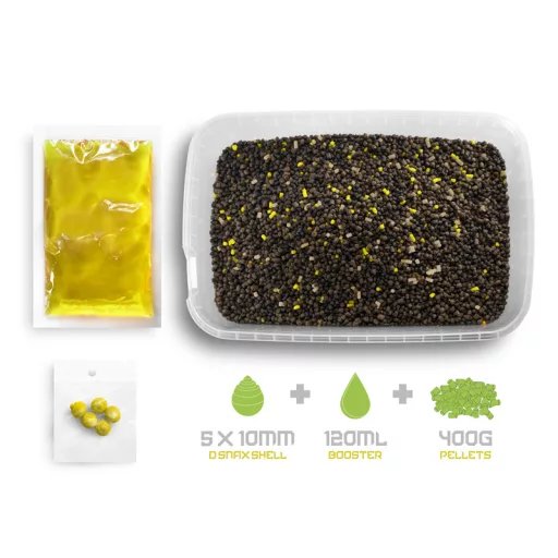 Delphin Pellet Box Reaxe Ready&go Kukorica–anannász + Booster+ Waft 10 mm 400 g + 120 ml etetőpellet