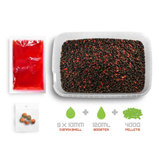 Delphin Pellet Box Reaxe Ready&go Fr. Kolbász–chili + Booster+ Waft (kolbász-chili) 10 mm 400 g + 120 ml etetőpellet