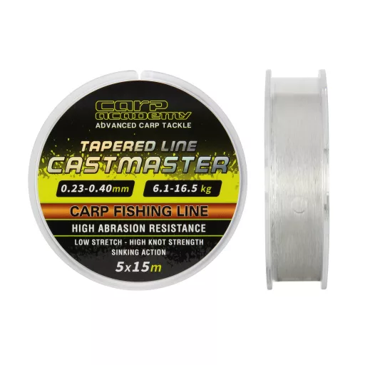Carp Academy Castmaster Tapered Line 0,26–0,40 mm 5 × 15 m átlátszó felvastagodó monofil dobóelőke