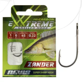   Nevis süllő 1/0-s 45 cm szakállas előkötött horog 6 db/csomag
