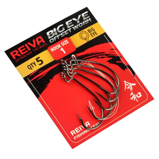 Reiva offset Worm Big eye 4/0-s fekete szakállas offset horog 3 db/csomag